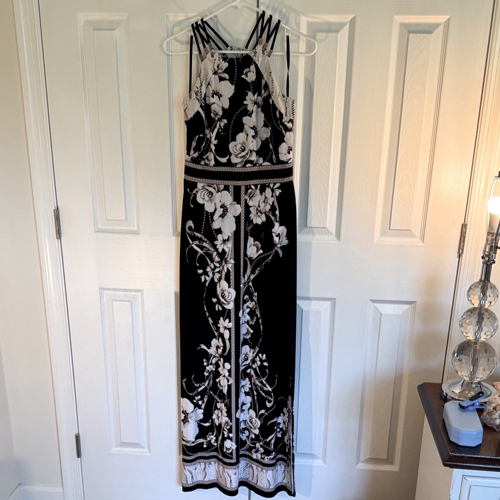 White House Black Market Elegant Black and White Floral Maxi Dress